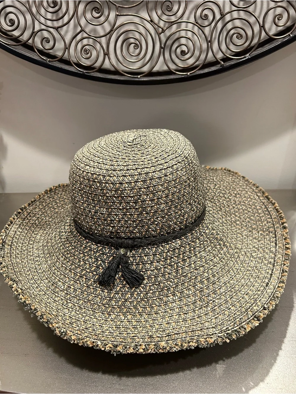 Wide Brim Woven Sun Hat with Tassel Band - Black/Beige